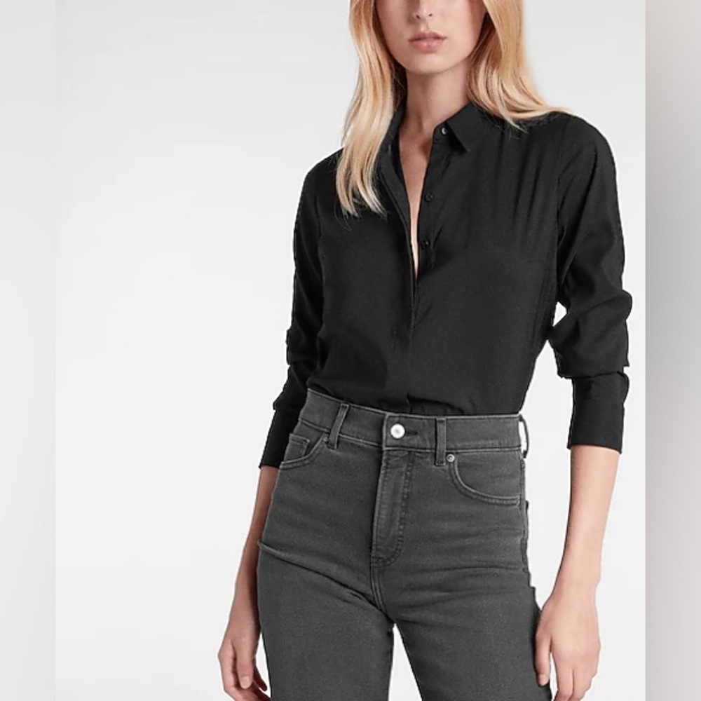 Brand New Express Relaxed Satin Portofino Shirt Black, button up